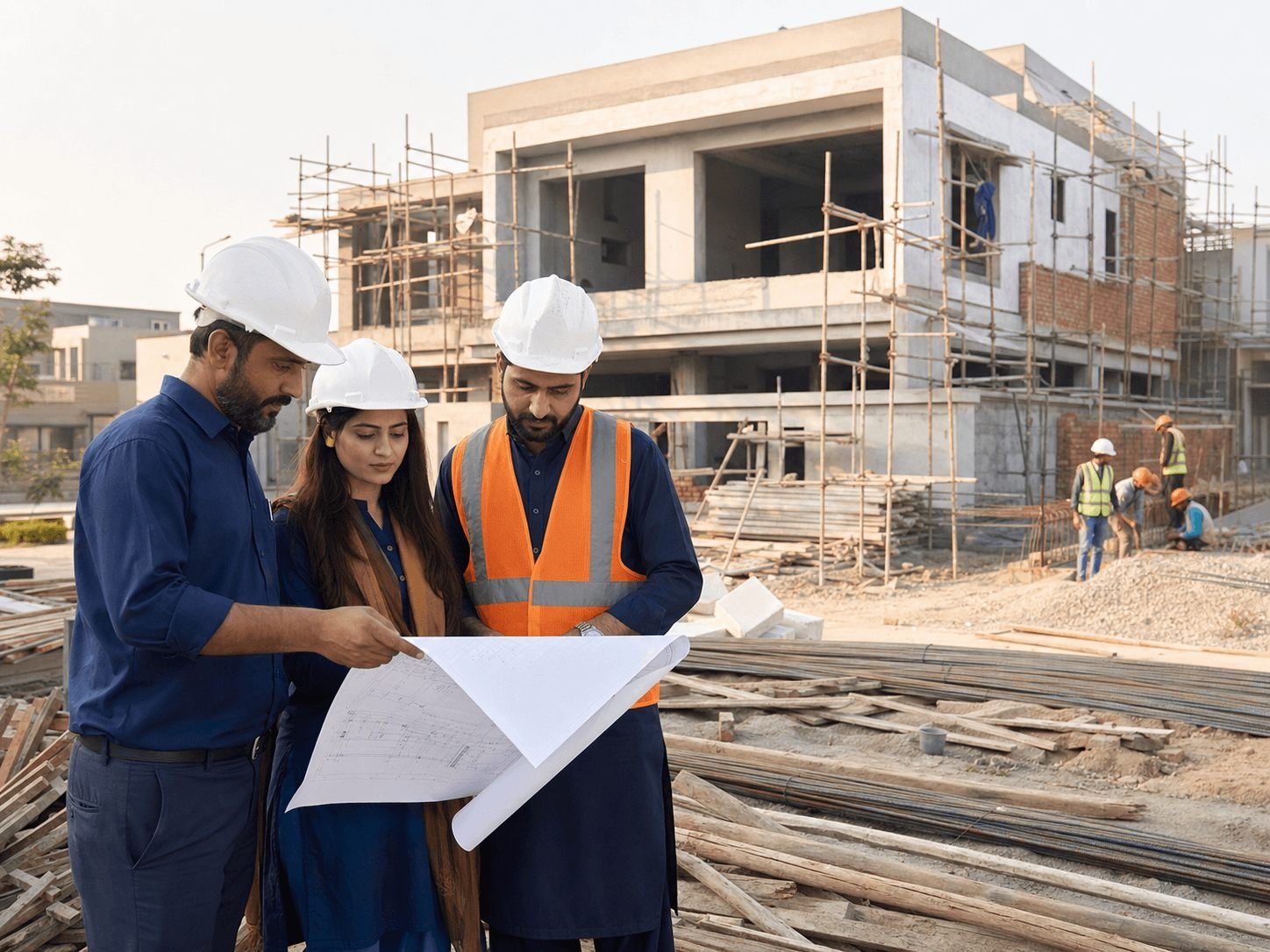 DCS Contractor architects and civil engineers reviewing plans at a residential construction site in Lahore